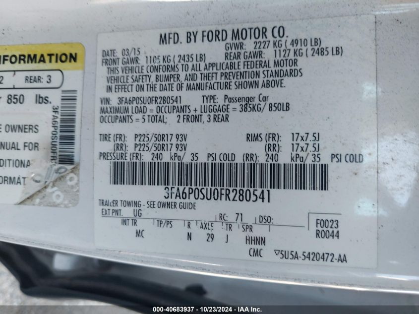 2015 Ford Fusion Energi Titanium VIN: 3FA6P0SU0FR280541 Lot: 40683937