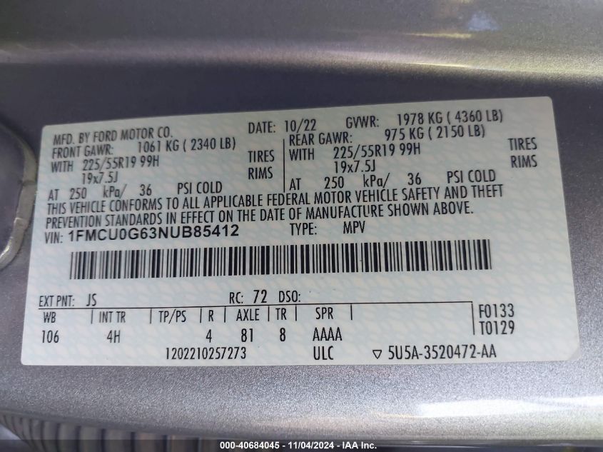 2022 Ford Escape Se VIN: 1FMCU0G63NUB85412 Lot: 40684045