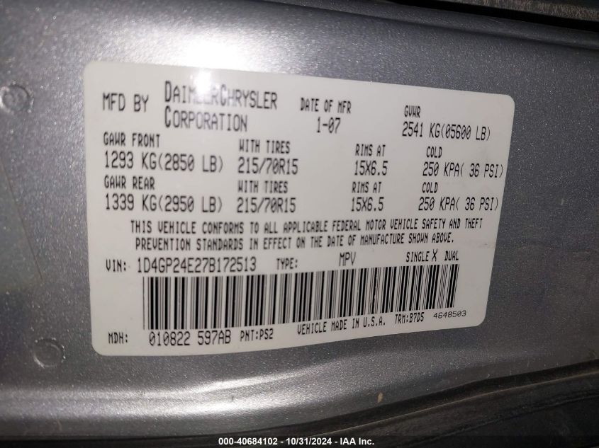 2007 Dodge Grand Caravan Se VIN: 1D4GP24E27B172513 Lot: 40684102