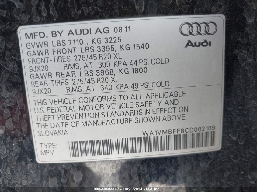 2012 Audi Q7 3.0 Tdi Premium VIN: WA1VMBFE8CD002109 Lot: 40684147