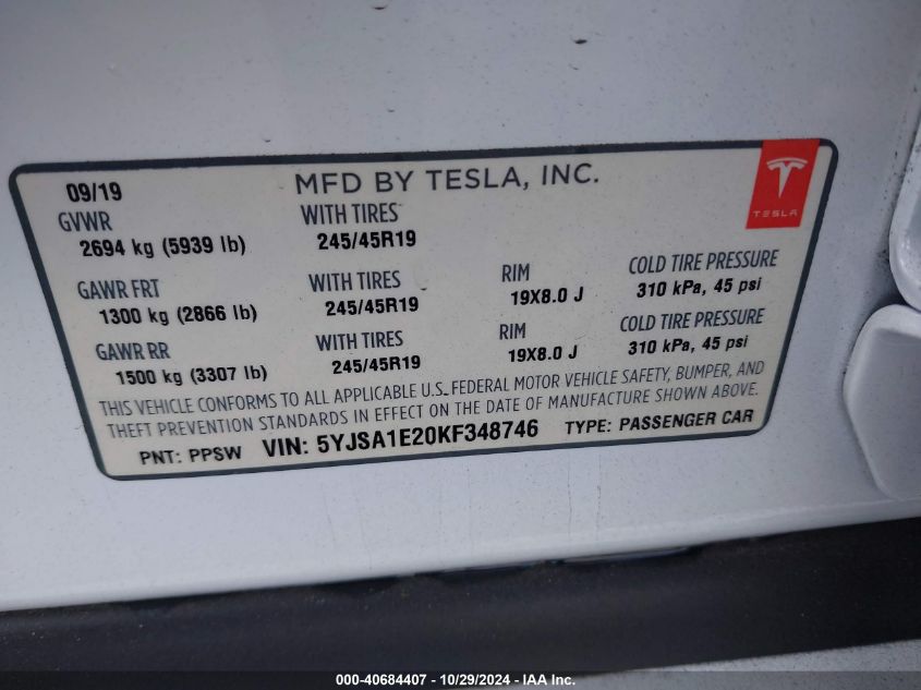 2019 Tesla Model S 100D/75D/Long Range/Standard Range VIN: 5YJSA1E20KF348746 Lot: 40684407