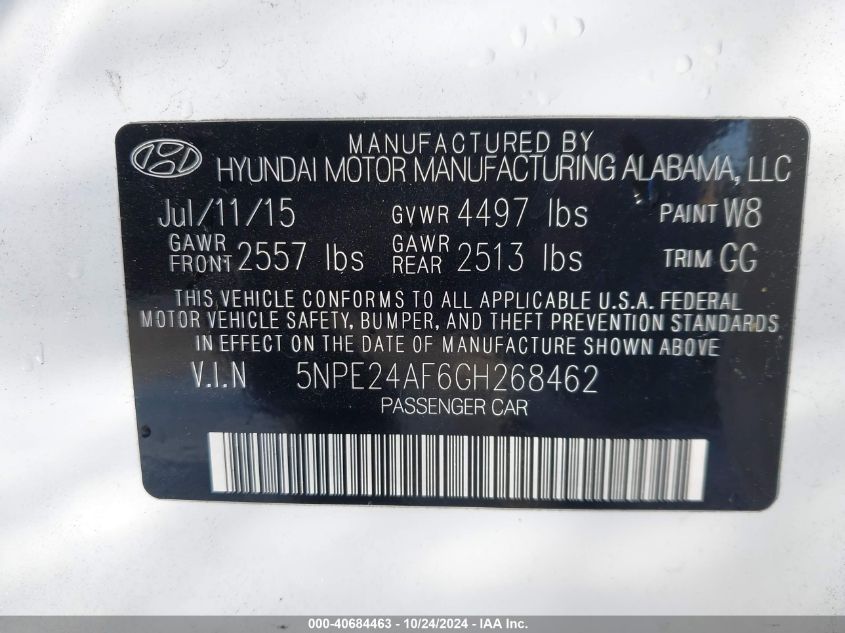 2016 Hyundai Sonata Se VIN: 5NPE24AF6GH268462 Lot: 40684463