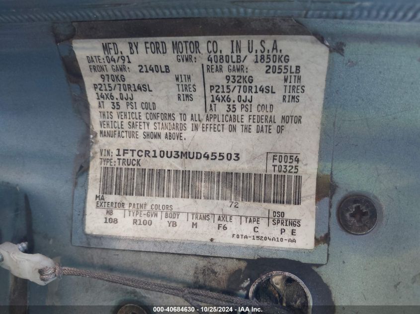 1991 Ford Ranger VIN: 1FTCR10U3MUD45503 Lot: 40684630