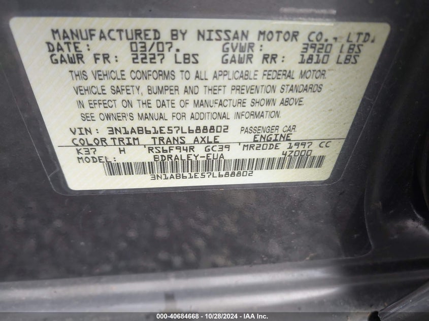 2007 NISSAN SENTRA VIN: 3N1AB61E57L688802
