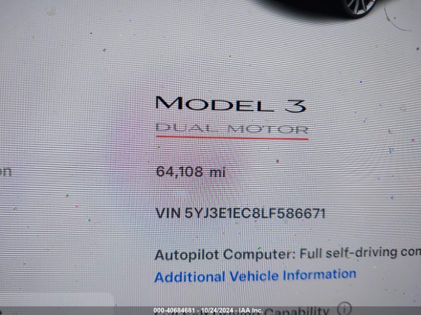 2020 Tesla Model 3 Performance Dual Motor All-Wheel Drive VIN: 5YJ3E1EC8LF586671 Lot: 40684681