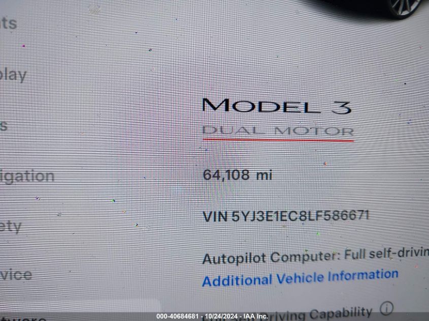 2020 Tesla Model 3 Performance Dual Motor All-Wheel Drive VIN: 5YJ3E1EC8LF586671 Lot: 40684681