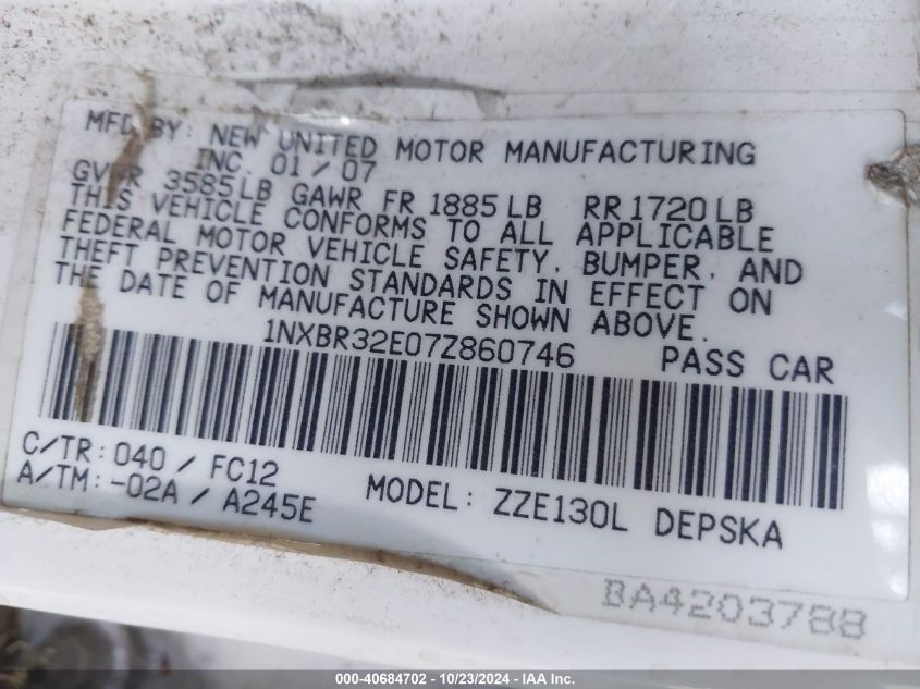 2007 Toyota Corolla S VIN: 1NXBR32E07Z860746 Lot: 40684702