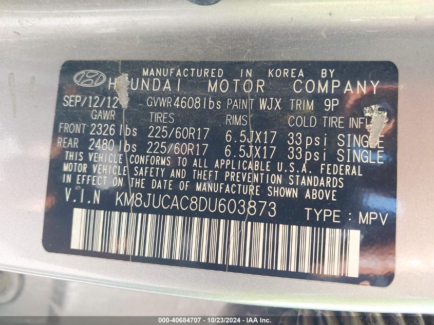 2013 Hyundai Tucson Gls VIN: KM8JUCAC8DU603873 Lot: 40684707