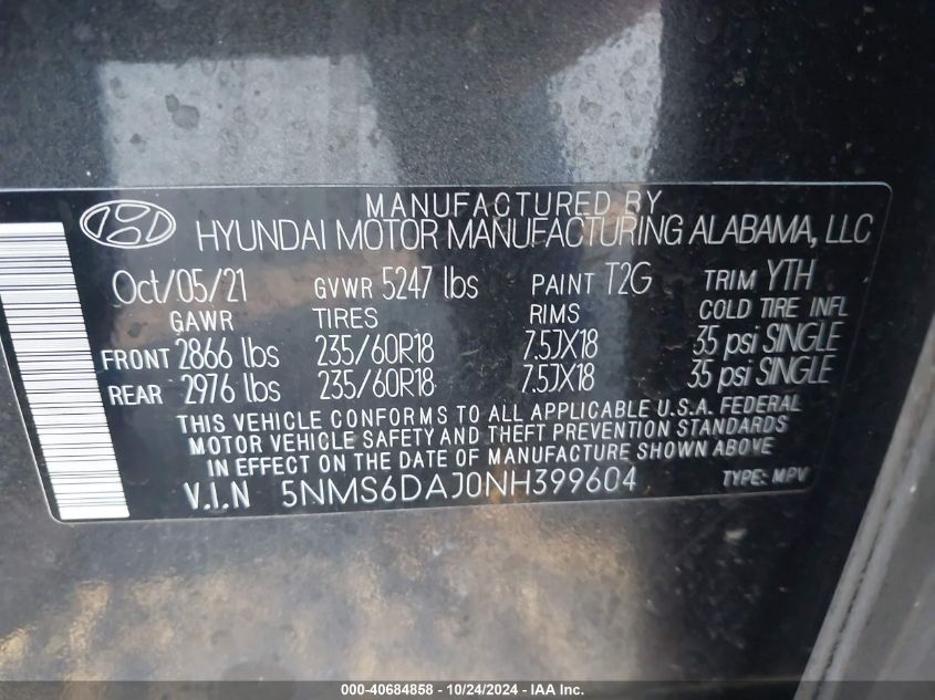 2022 Hyundai Santa Fe Sel/Xrt VIN: 5NMS6DAJ0NH399604 Lot: 40684858