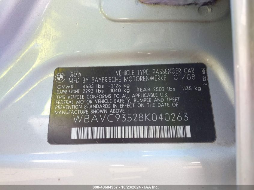 2008 BMW 328Xi VIN: WBAVC93528K040263 Lot: 40684957
