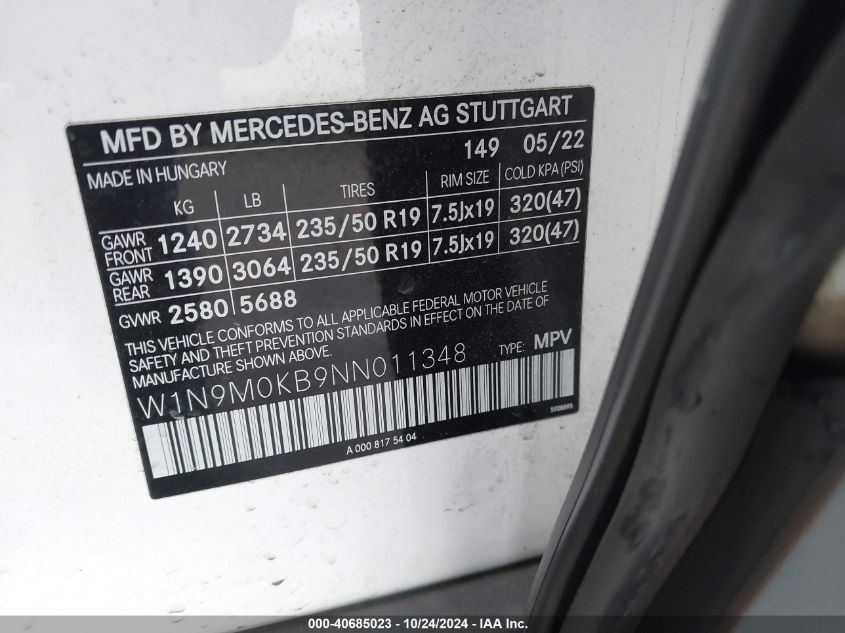2022 Mercedes-Benz Eqb 300 Suv 4Matic VIN: W1N9M0KB9NN011348 Lot: 40685023