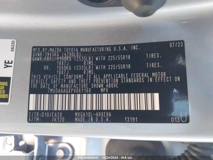VIN 7MUDAAAGXPV061160 2023 TOYOTA COROLLA CROSS XLE
