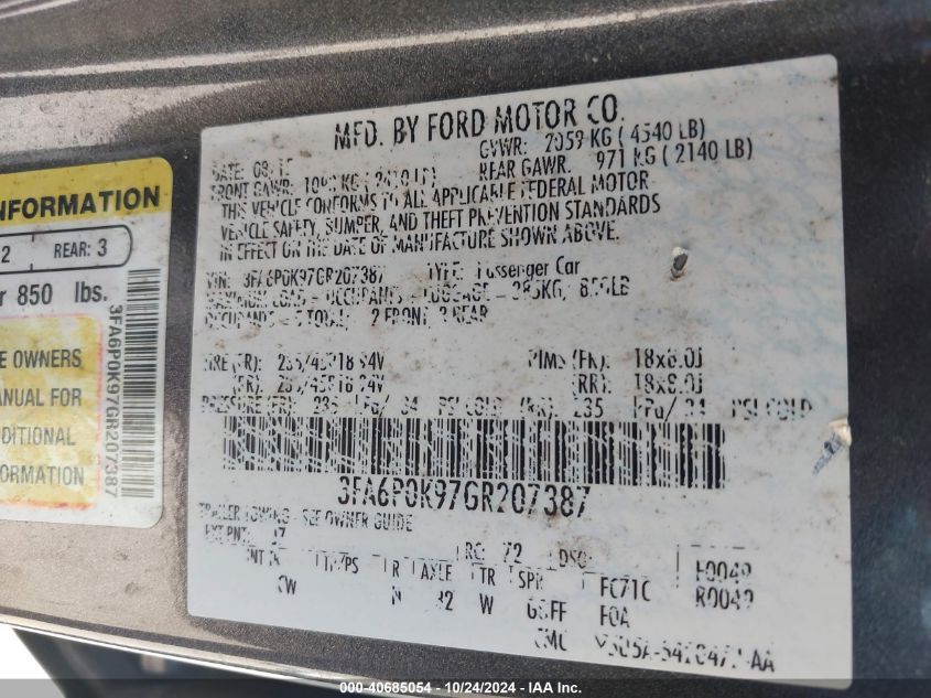 VIN 3FA6P0K97GR207387 2016 FORD FUSION no.9