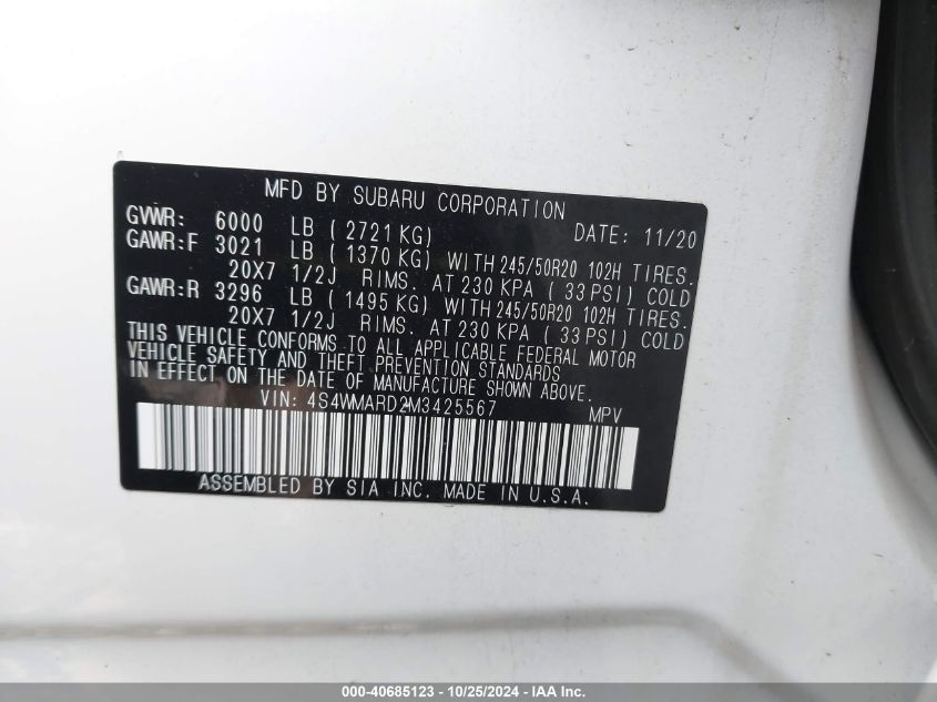 2021 Subaru Ascent Touring VIN: 4S4WMARD2M3425567 Lot: 40685123