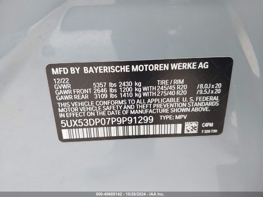 2023 BMW X3 xDrive30I VIN: 5UX53DP07P9P91299 Lot: 40685142