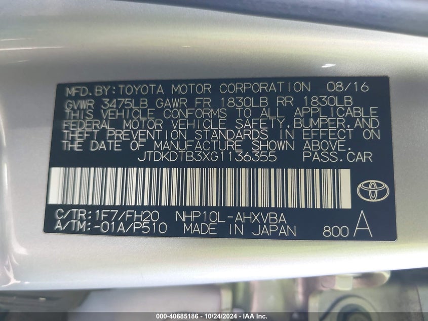 2016 TOYOTA PRIUS C VIN: JTDKDTB3XG1136355