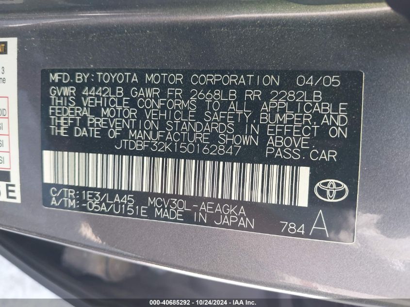 2005 Toyota Camry Xle V6 VIN: JTDBF32K150162847 Lot: 40685292