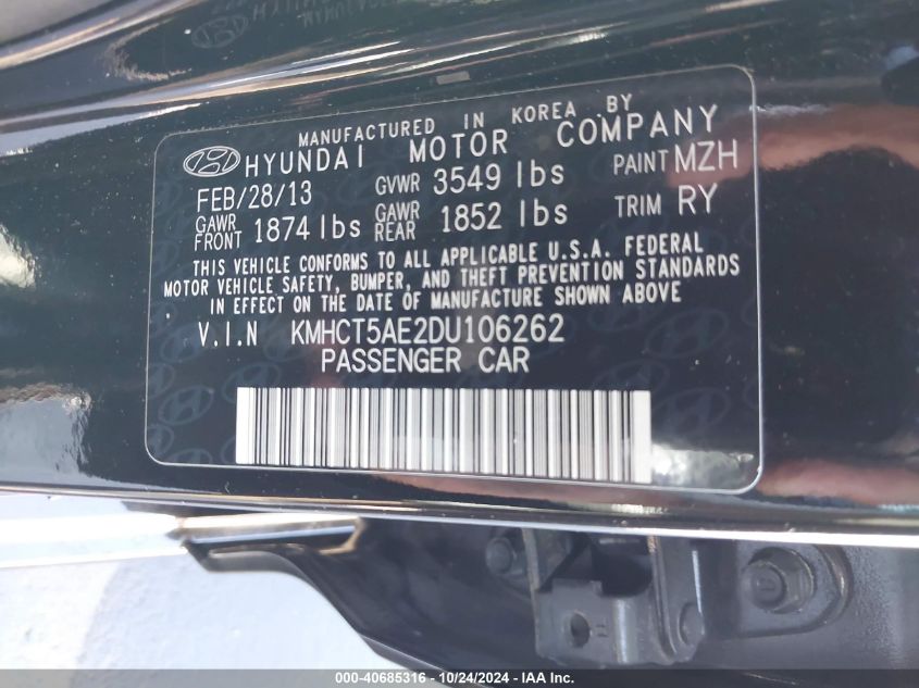2013 Hyundai Accent Gs VIN: KMHCT5AE2DU106262 Lot: 40685316