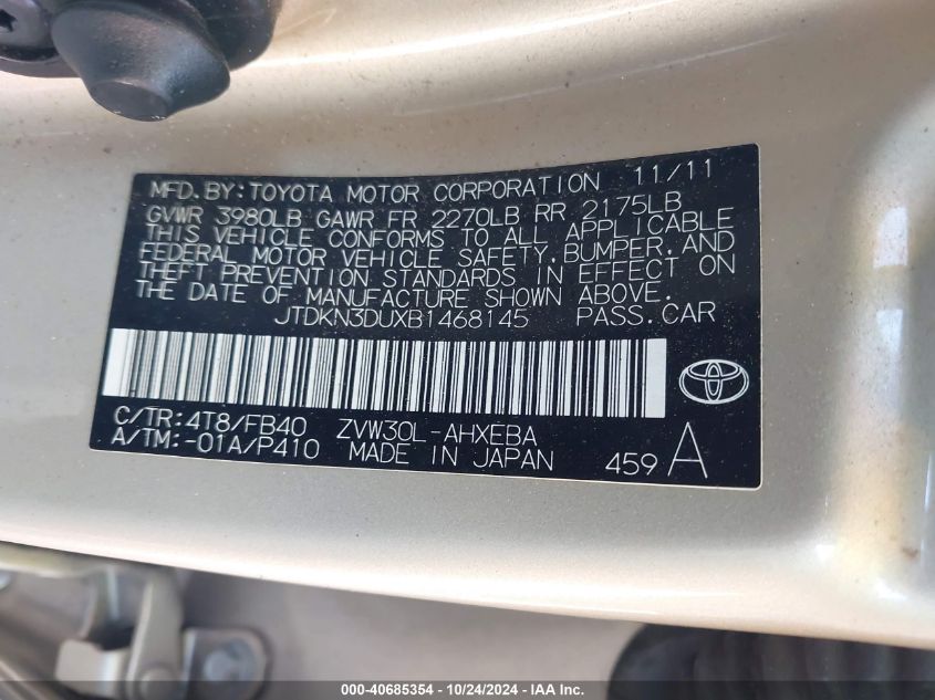 2011 Toyota Prius Two VIN: JTDKN3DUXB1468145 Lot: 40685354