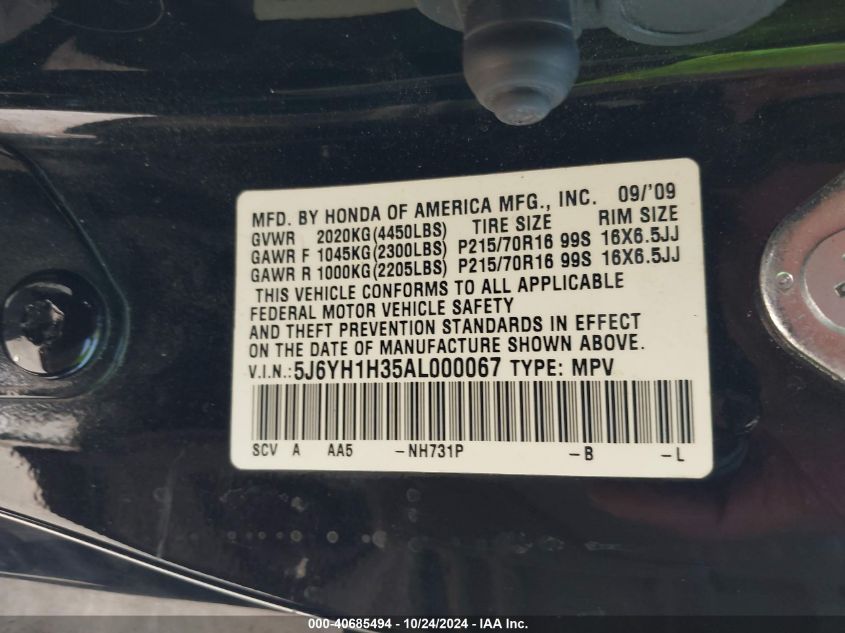 2010 Honda Element Lx VIN: 5J6YH1H35AL000067 Lot: 40685494