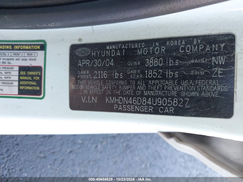 2004 Hyundai Elantra Gls/Gt VIN: KMHDN46D84U905827 Lot: 40685629