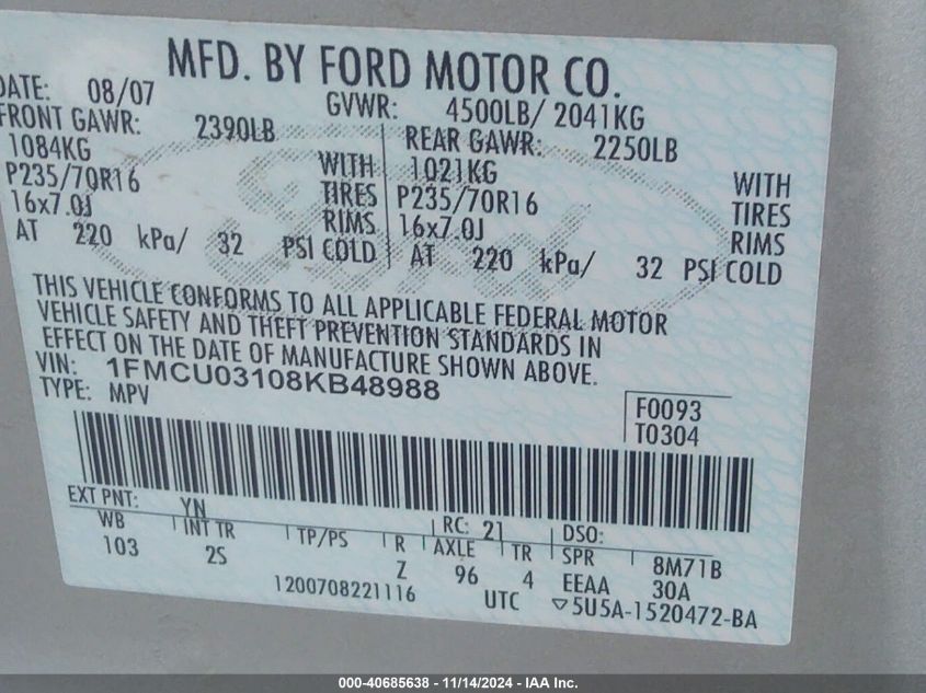 2008 Ford Escape Xlt VIN: 1FMCU03108KB48988 Lot: 40685638