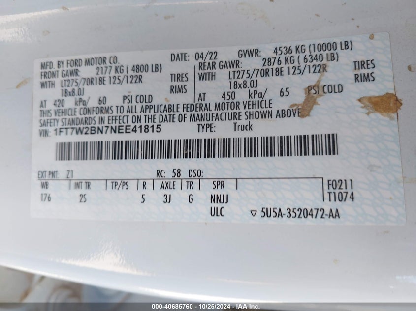 2022 Ford F-250 Xlt VIN: 1FT7W2BN7NEE41815 Lot: 40685760