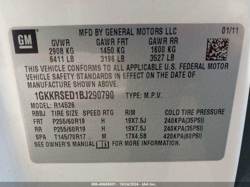 2011 GMC Acadia Slt-2 VIN: 1GKKRSED1BJ290790 Lot: 40685801