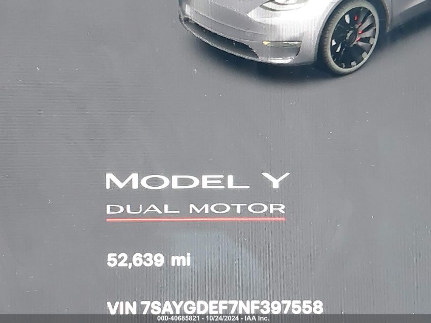 2022 Tesla Model Y Performance Dual Motor All-Wheel Drive VIN: 7SAYGDEF7NF397558 Lot: 40685821