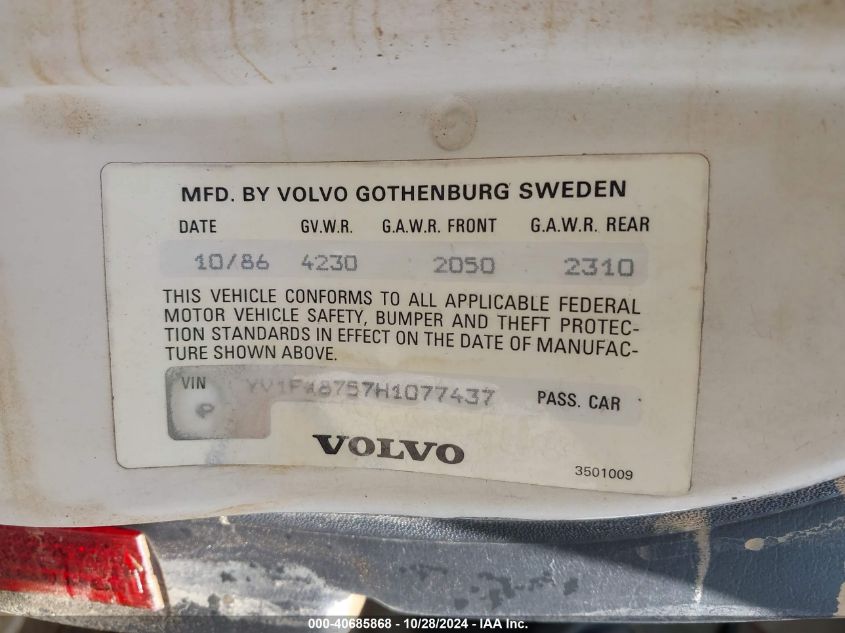 1987 Volvo 740 Gle VIN: YV1FX8757H1077437 Lot: 40685868