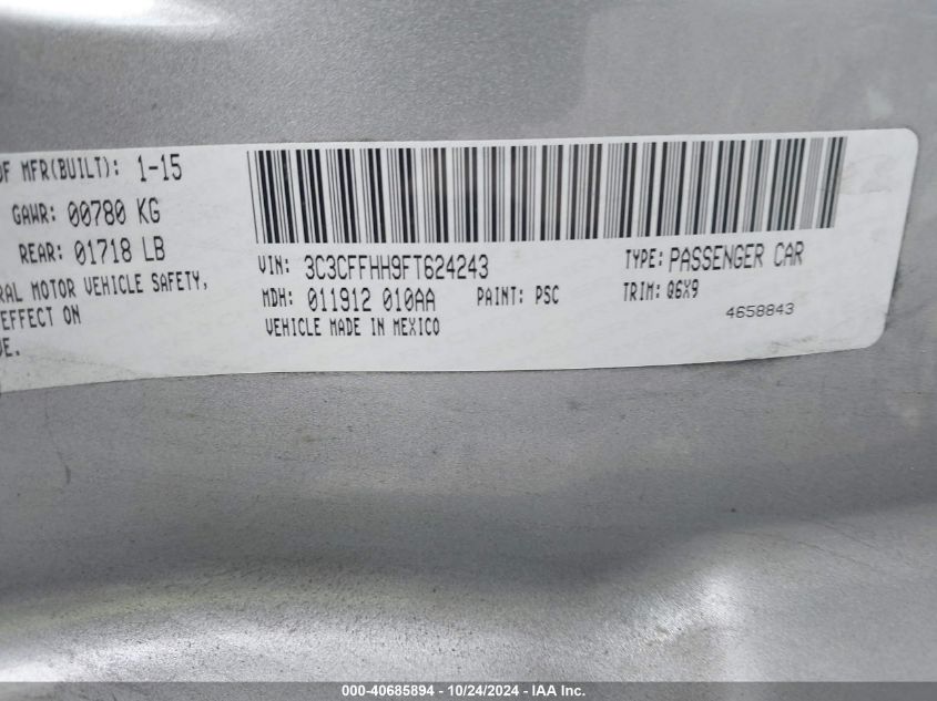 2015 Fiat 500 Turbo VIN: 3C3CFFHH9FT624243 Lot: 40685894