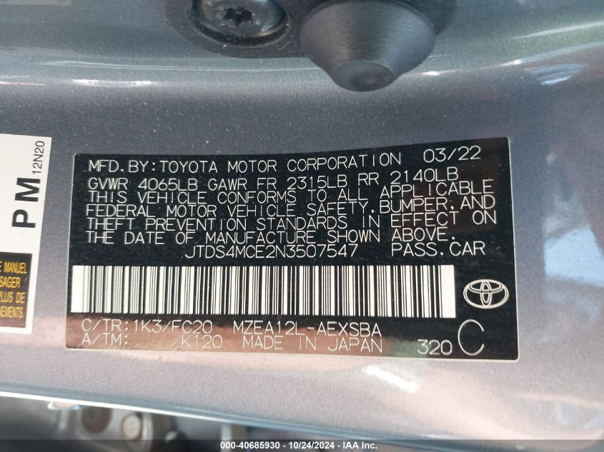 2022 Toyota Corolla Se/Night Shade VIN: JTDS4MCE2N3507547 Lot: 40685930