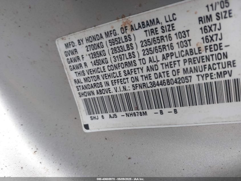 2006 Honda Odyssey Ex VIN: 5FNRL38446B042057 Lot: 40685970