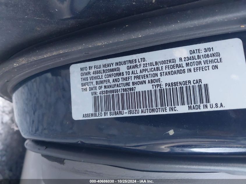 2001 Subaru Outback VIN: 4S3BH665517662897 Lot: 40686030