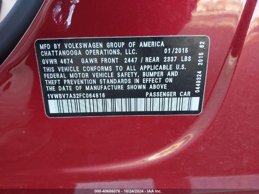 2015 Volkswagen Passat 2.0L Tdi Se VIN: 1VWBV7A32FC064816 Lot: 40686076