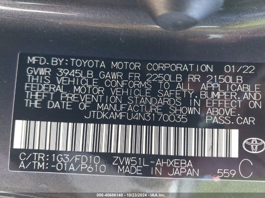 2022 Toyota Prius Le VIN: JTDKAMFU4N3170035 Lot: 40686140