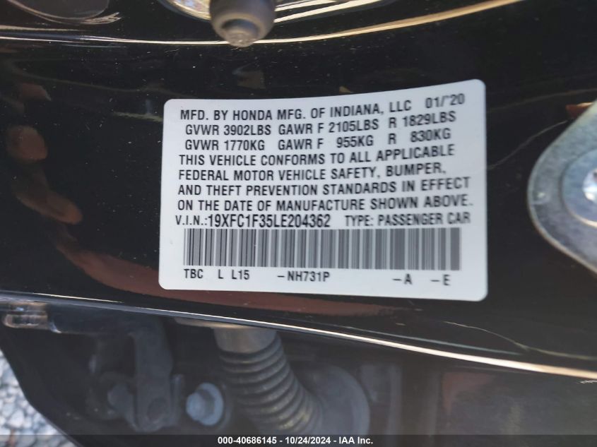 VIN 19XFC1F35LE204362 2020 HONDA CIVIC EX