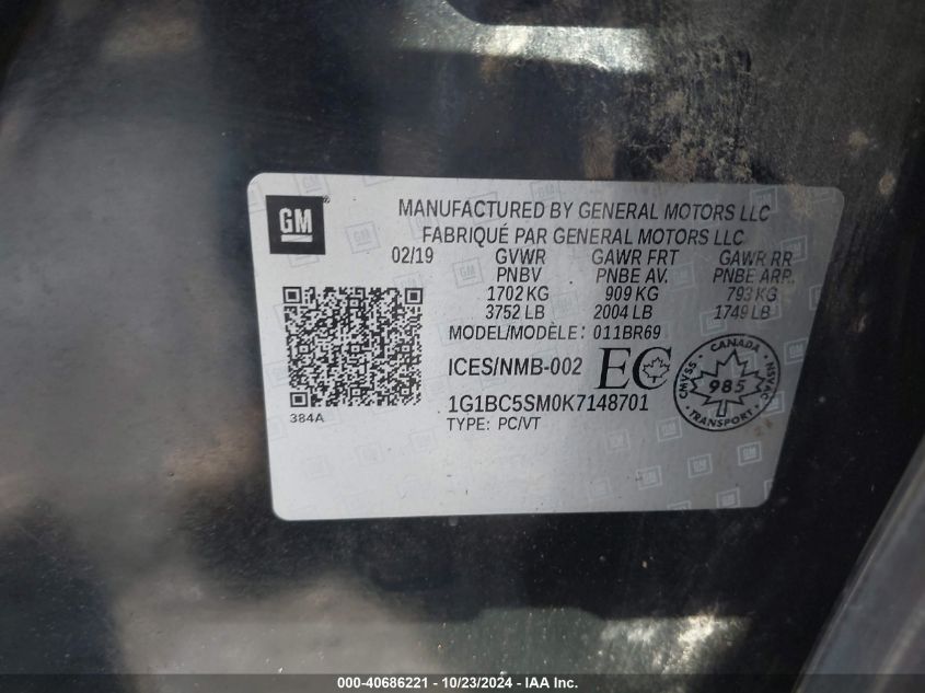 2019 Chevrolet Cruze Ls VIN: 1G1BC5SM0K7148701 Lot: 40686221