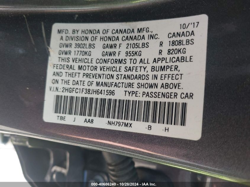 2018 HONDA CIVIC EX-T - 2HGFC1F38JH641596