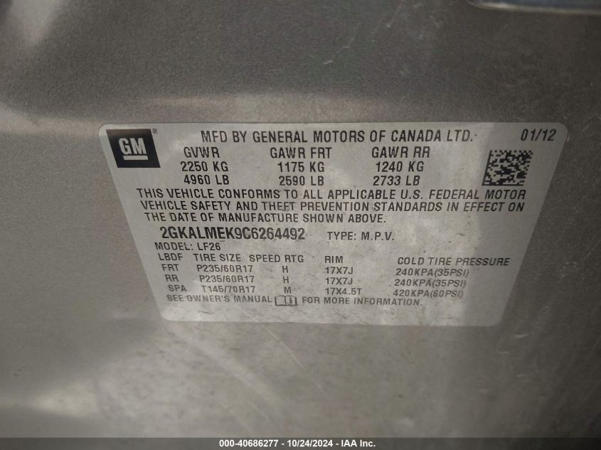 2012 GMC Terrain Sle-1 VIN: 2GKALMEK9C6264492 Lot: 40686277