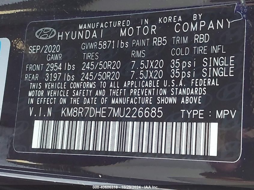 2021 Hyundai Palisade Calligraphy VIN: KM8R7DHE7MU226685 Lot: 40686318