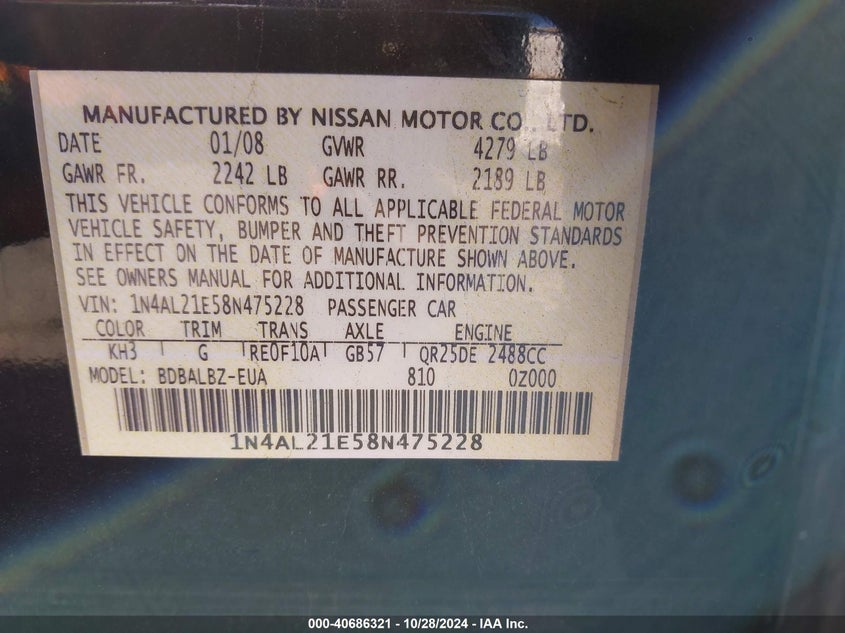 2008 Nissan Altima 2.5 S VIN: 1N4AL21E58N475228 Lot: 40686321