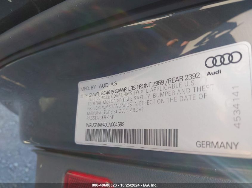 2020 Audi A4 Premium 40 Tfsi Front-Wheel Drive S Tronic VIN: WAUGMAF40LN004699 Lot: 40686323