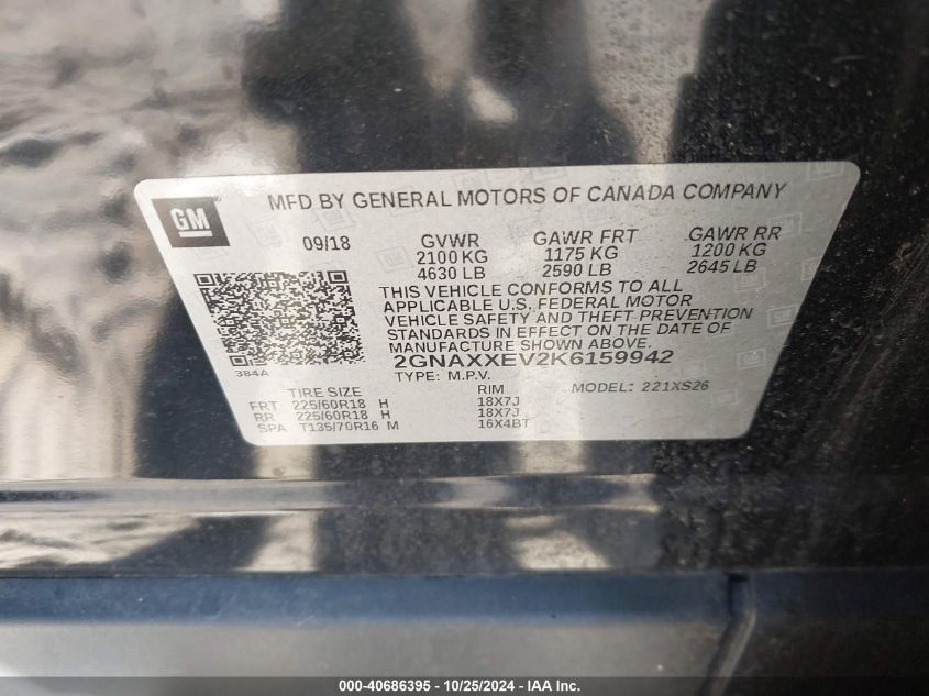 2019 CHEVROLET EQUINOX PREMIER - 2GNAXXEV2K6159942