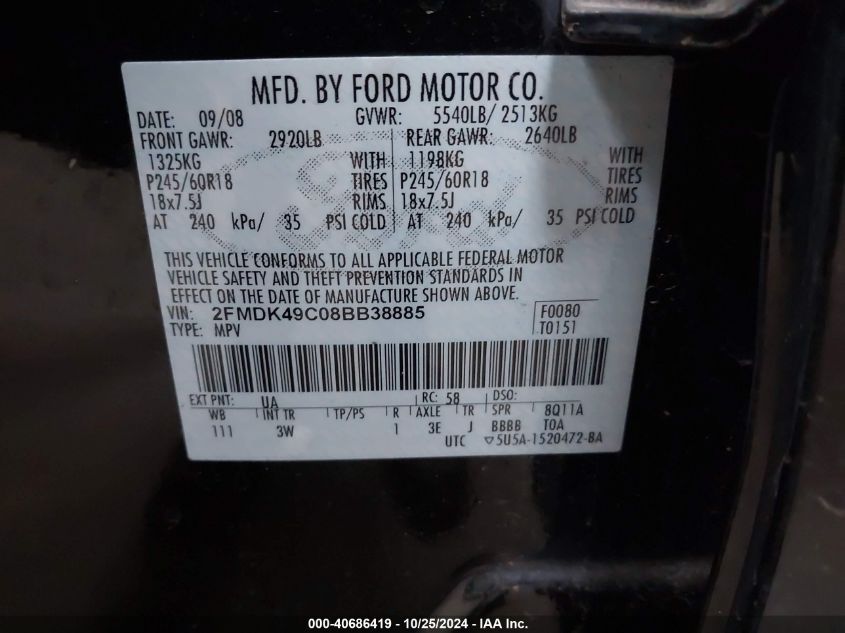 2008 Ford Edge Limited VIN: 2FMDK49C08BB38885 Lot: 40686419