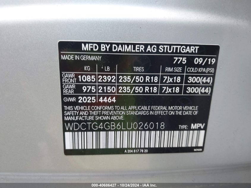 2020 Mercedes-Benz Gla 250 4Matic VIN: WDCTG4GB6LU026018 Lot: 40686427