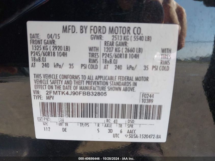 VIN 2FMTK4J90FBB32805 2015 FORD EDGE no.9