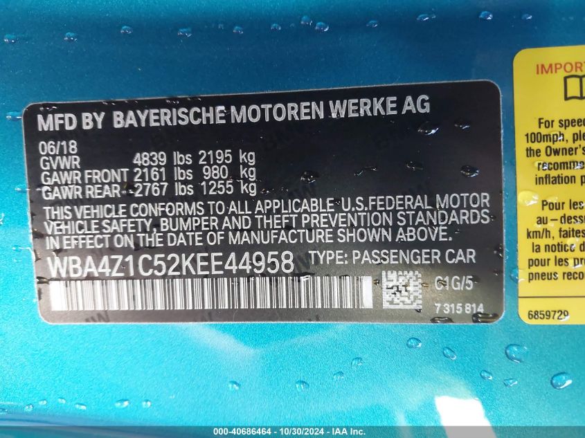 2019 BMW 430I VIN: WBA4Z1C52KEE44958 Lot: 40686464