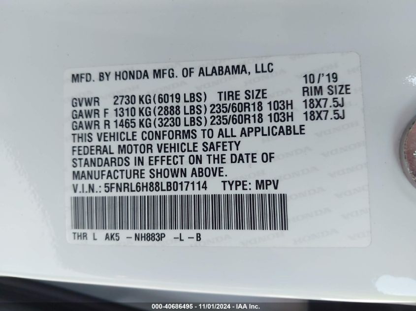 2020 Honda Odyssey Touring VIN: 5FNRL6H88LB017114 Lot: 40686495