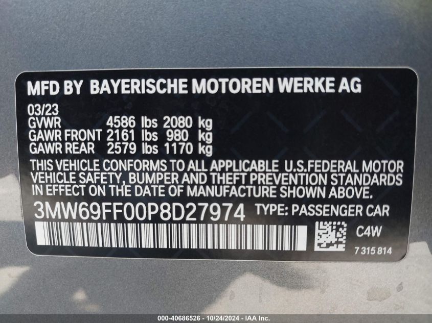 2023 BMW 330I VIN: 3MW69FF00P8D27974 Lot: 40686526